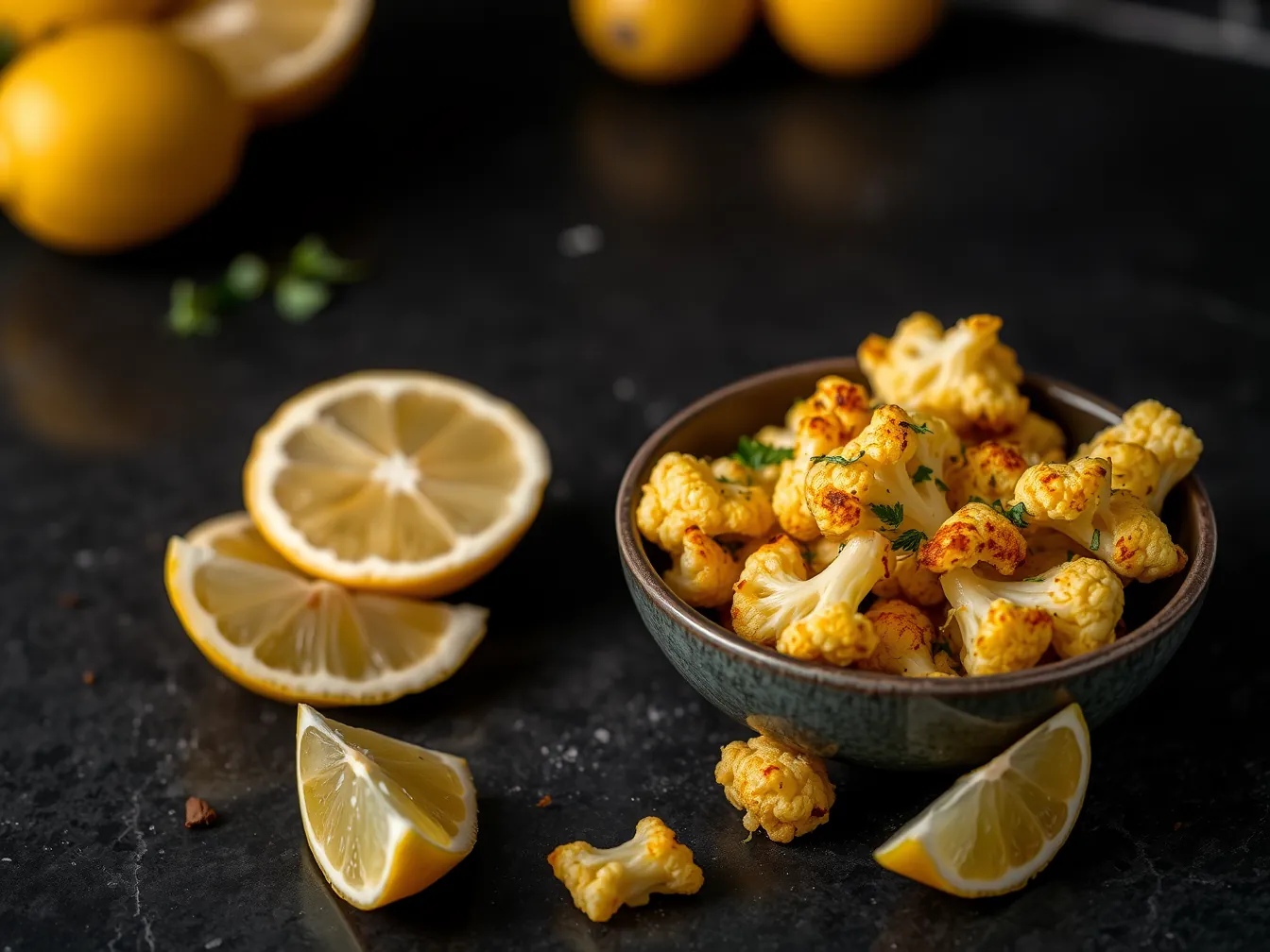 Illustration of browned cauliflower florets with herbs and lemon wedges