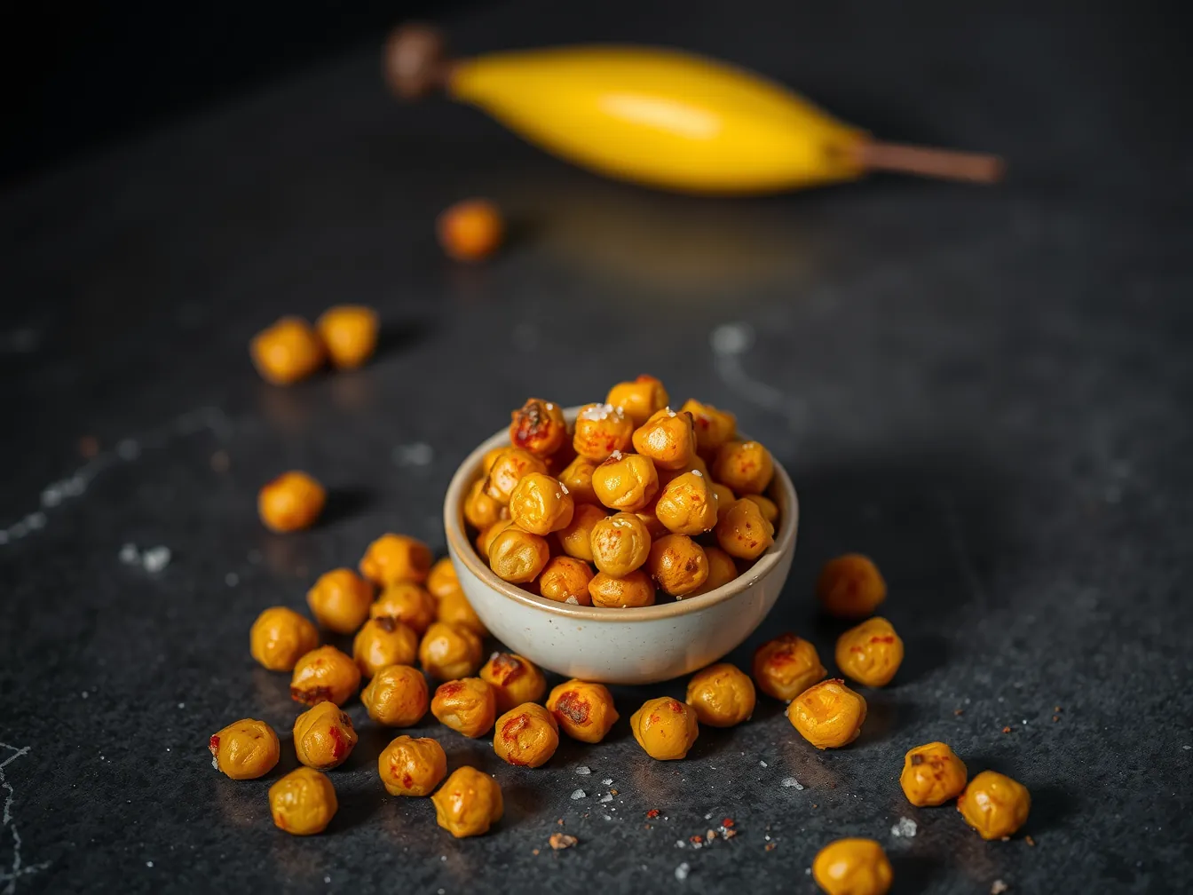 Illustration of golden roasted chickpeas dusted with paprika in a small bowl