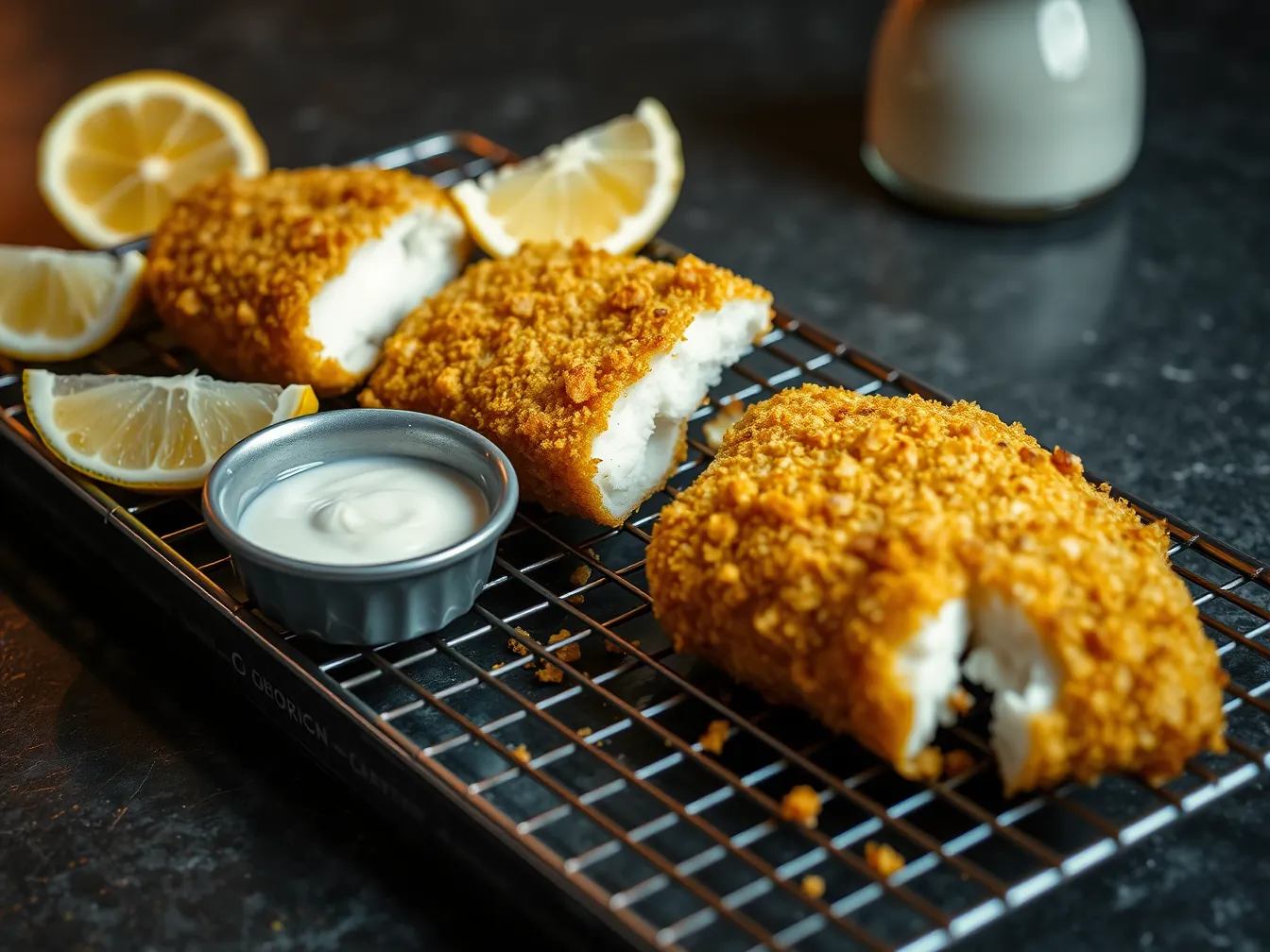Illustration of crumb-crusted cod fillets on a wire rack with lemon and tartar sauce