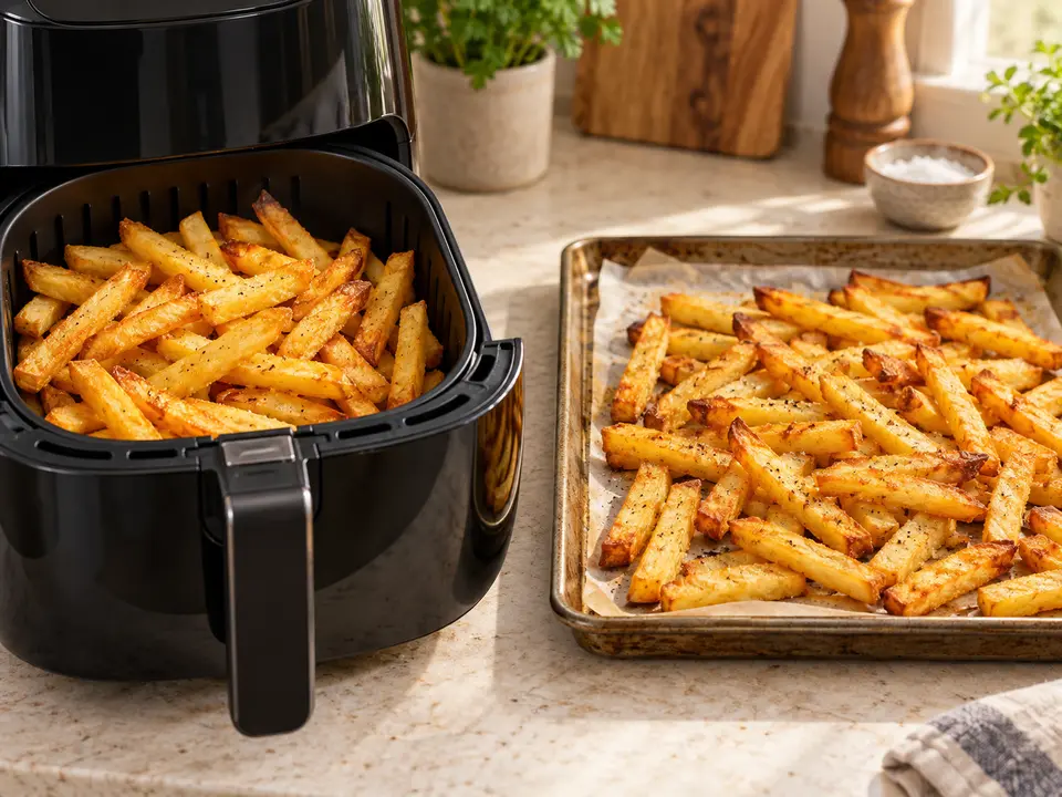 Golden fries in an air fryer basket beside fries on an oven tray