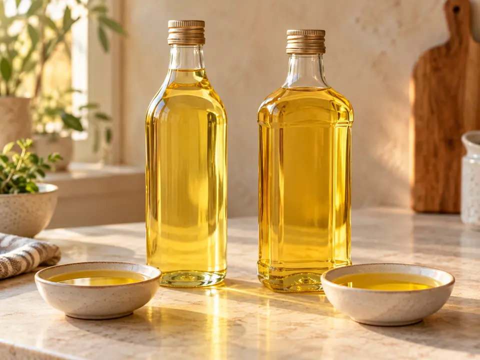 Two bottles of golden cooking oil on a kitchen counter