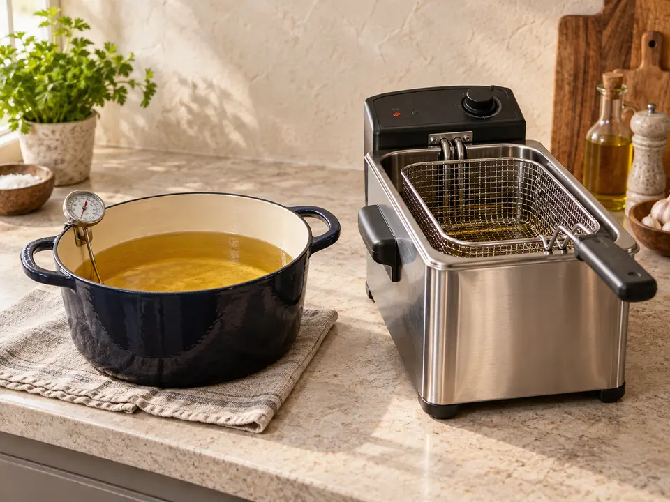 A Dutch oven with frying oil beside a countertop deep fryer