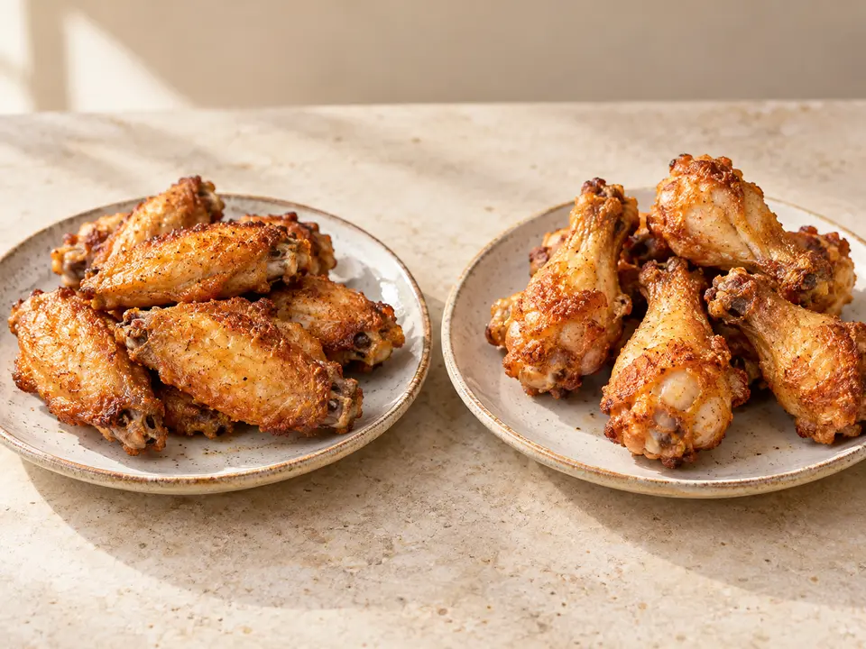 Crisp chicken wings and drumettes on separate plates