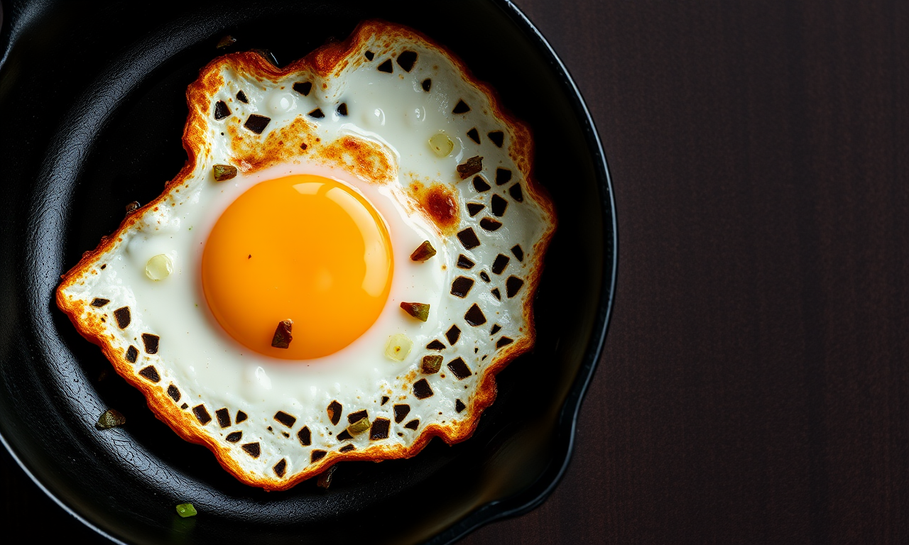Illustration of a crisp-edged egg in a dark skillet