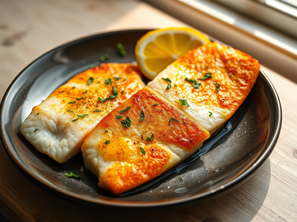 Illustration of golden fish fillets with lemon