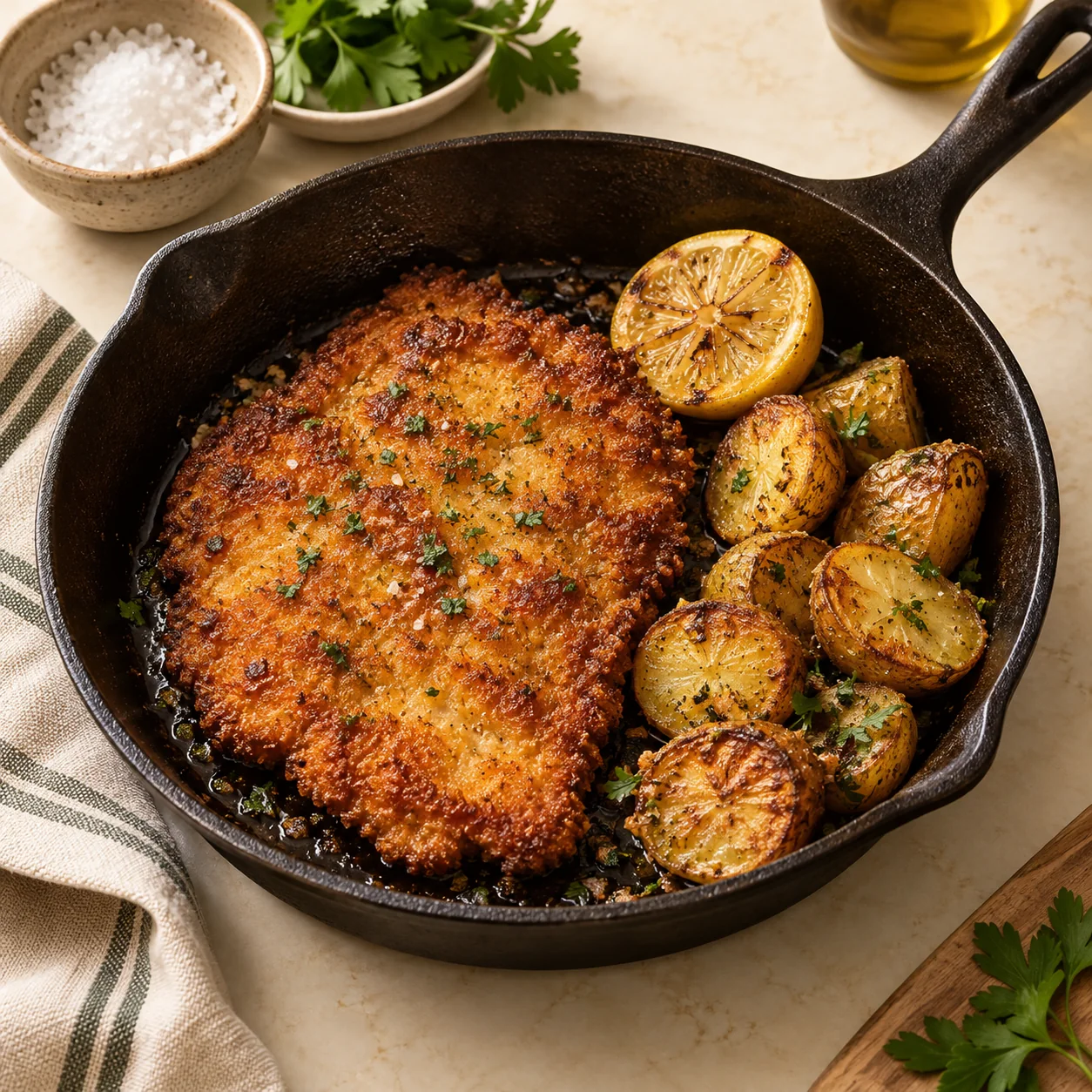 Illustrative image of a cast iron skillet with a golden cutlet and potatoes