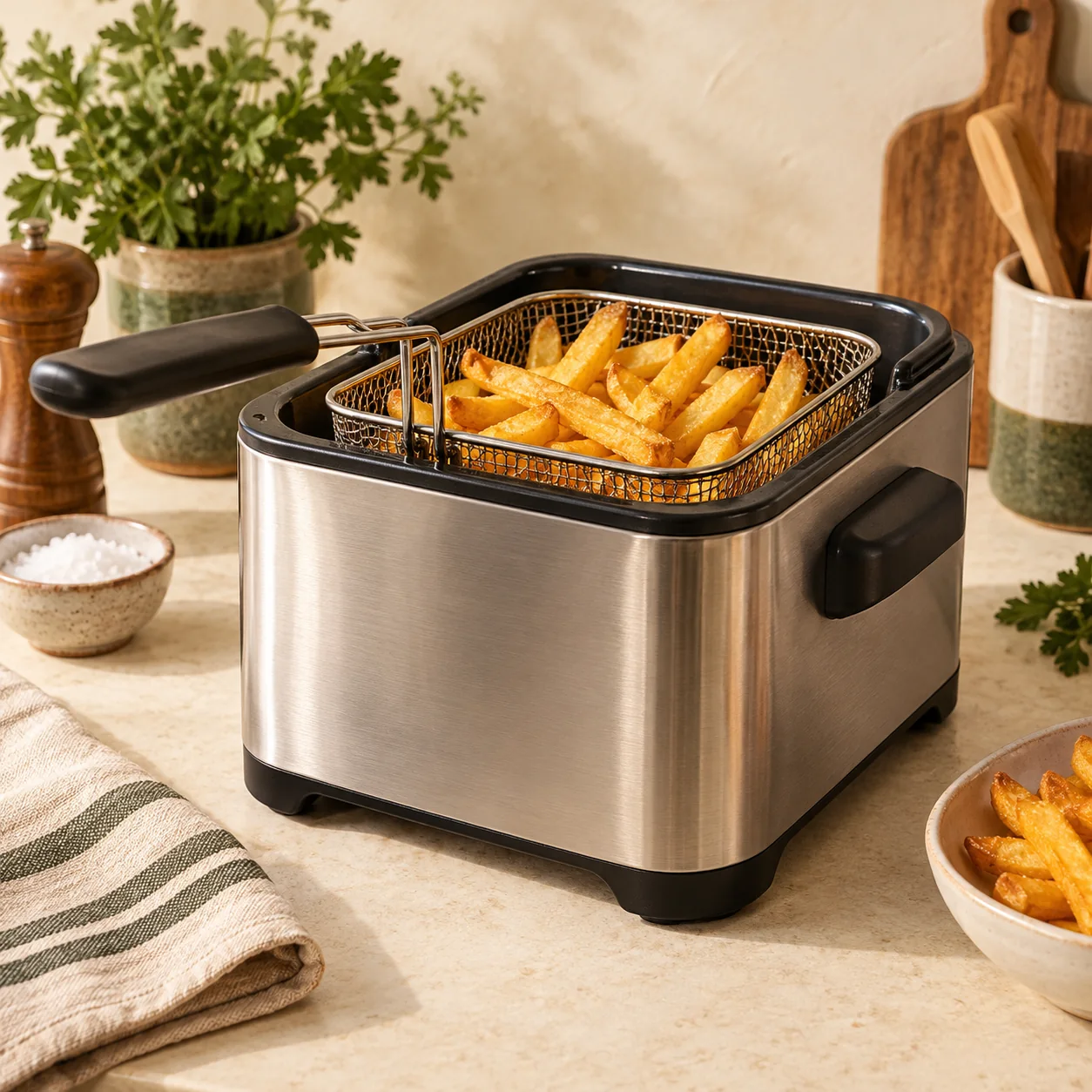 Illustrative image of a stainless countertop deep fryer with fries in its basket