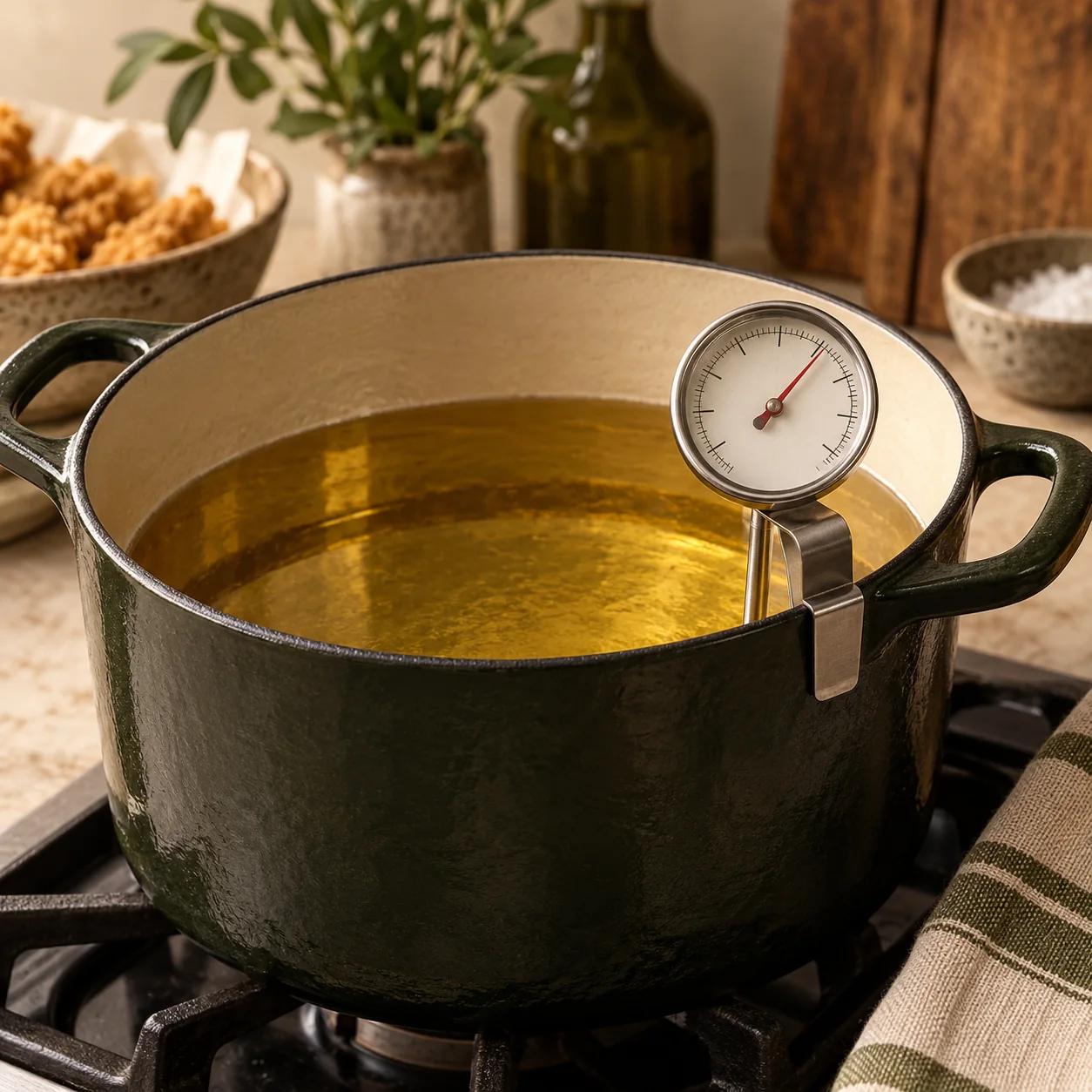 Illustrative image of a clip-on frying thermometer secured to a pot of oil