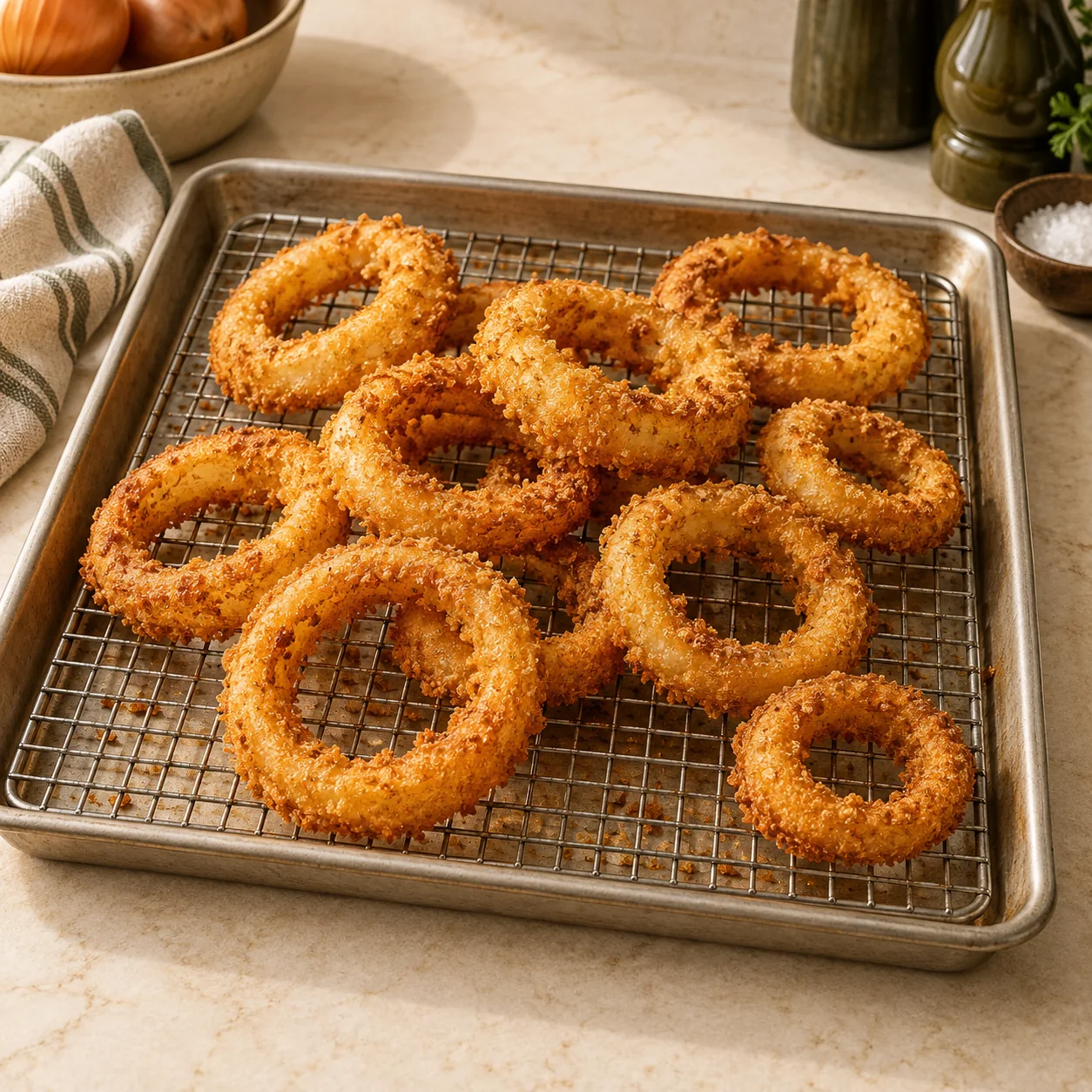 Illustrative image of crisp onion rings cooling on a wire rack set over a sheet pan