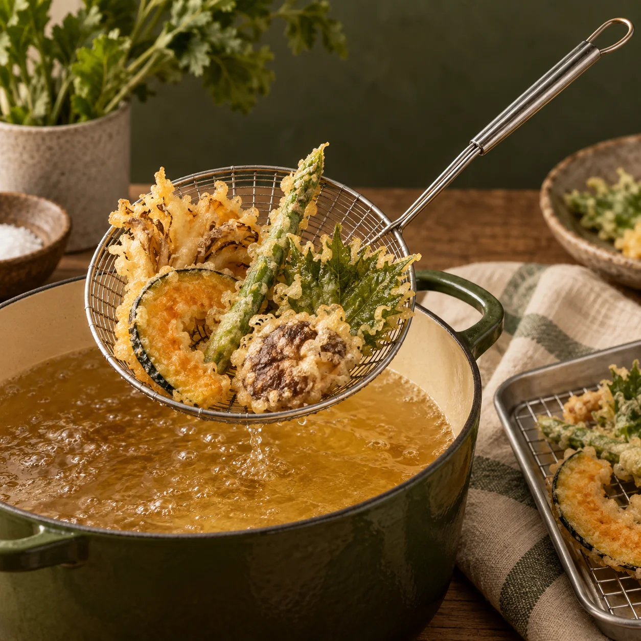 Illustrative image of a wire skimmer lifting golden fried vegetables from a pot