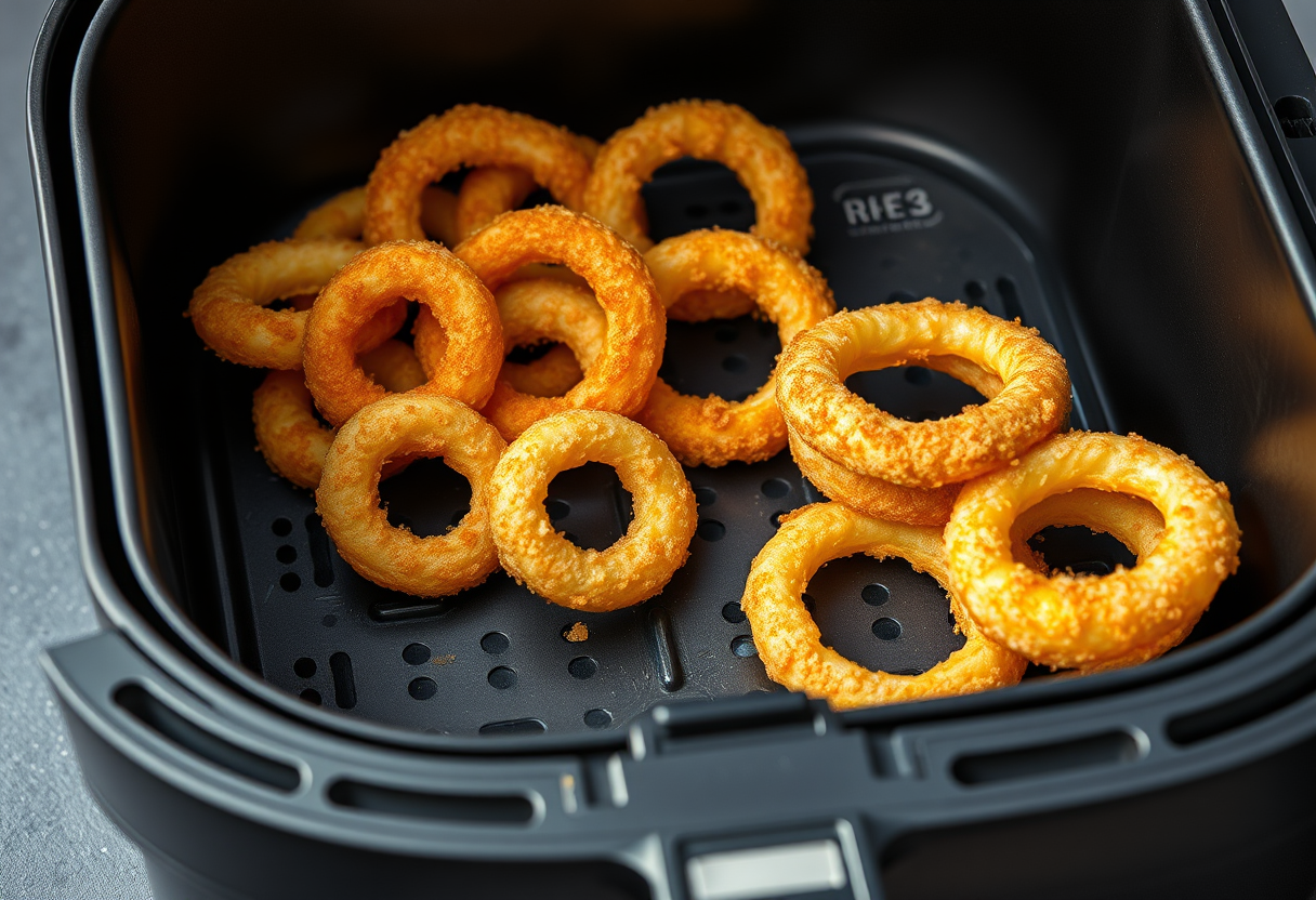 Illustration of golden panko-coated onion rings in an open air fryer basket