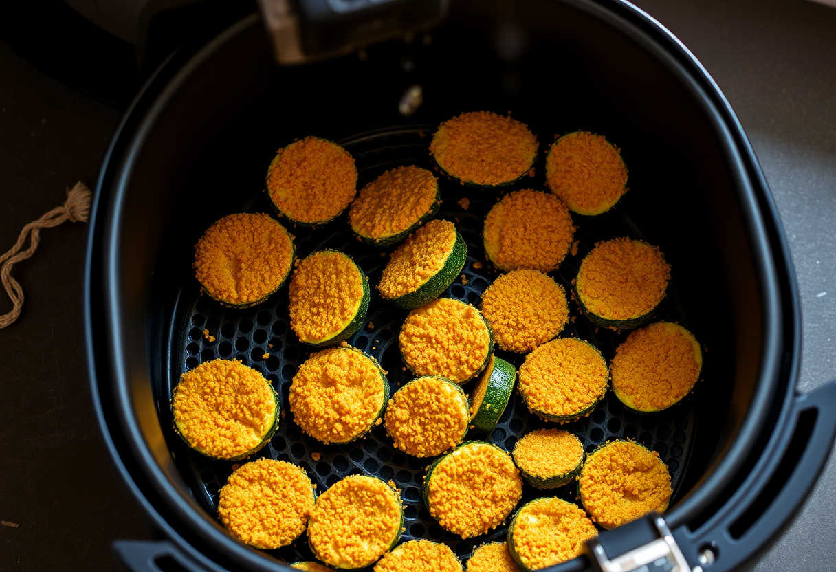 Illustration of golden panko-breaded zucchini fries in an open air fryer basket