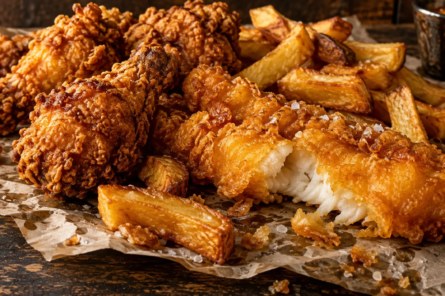 Illustration of glossy fried chicken, battered fish and chips on grease-stained paper