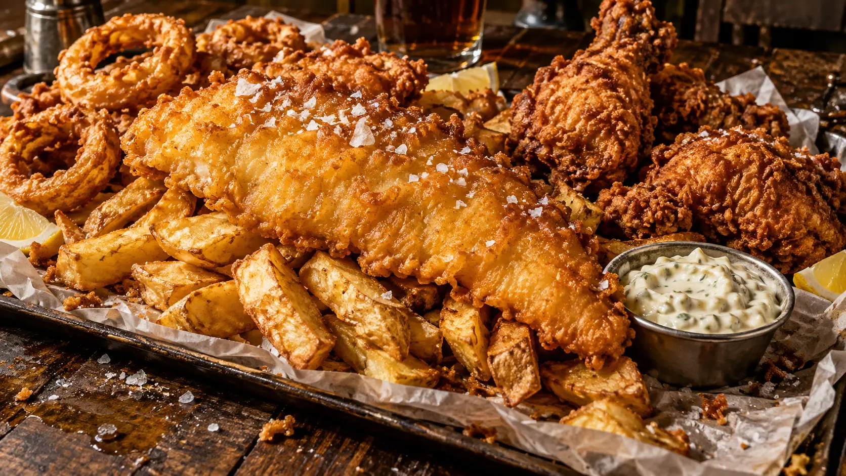 Illustration of battered fish, chips, onion rings, fried chicken and tartar sauce on a pub table