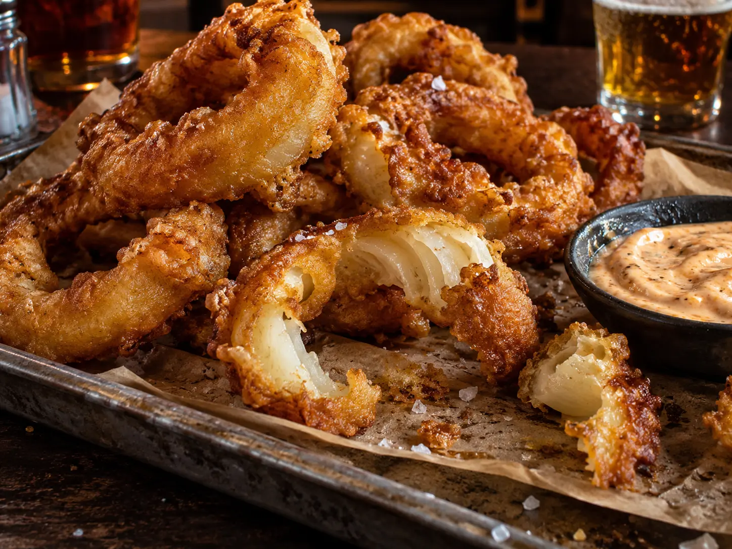 Golden battered onion rings with a ramekin of smoky dip on a dark tray